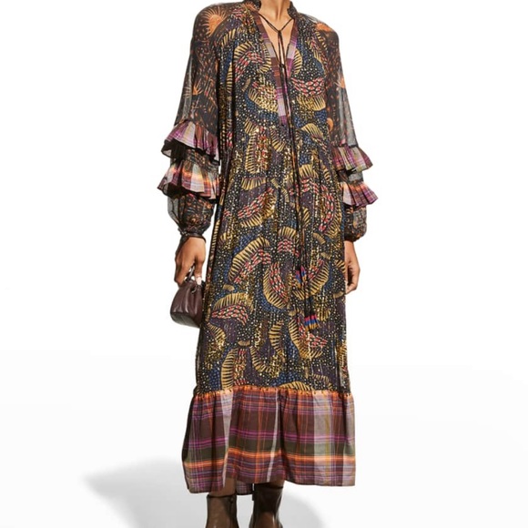 Farm Rio "Black Wild Bananas" printed dress with plaid ruffles and trim - Picture 2 of 5